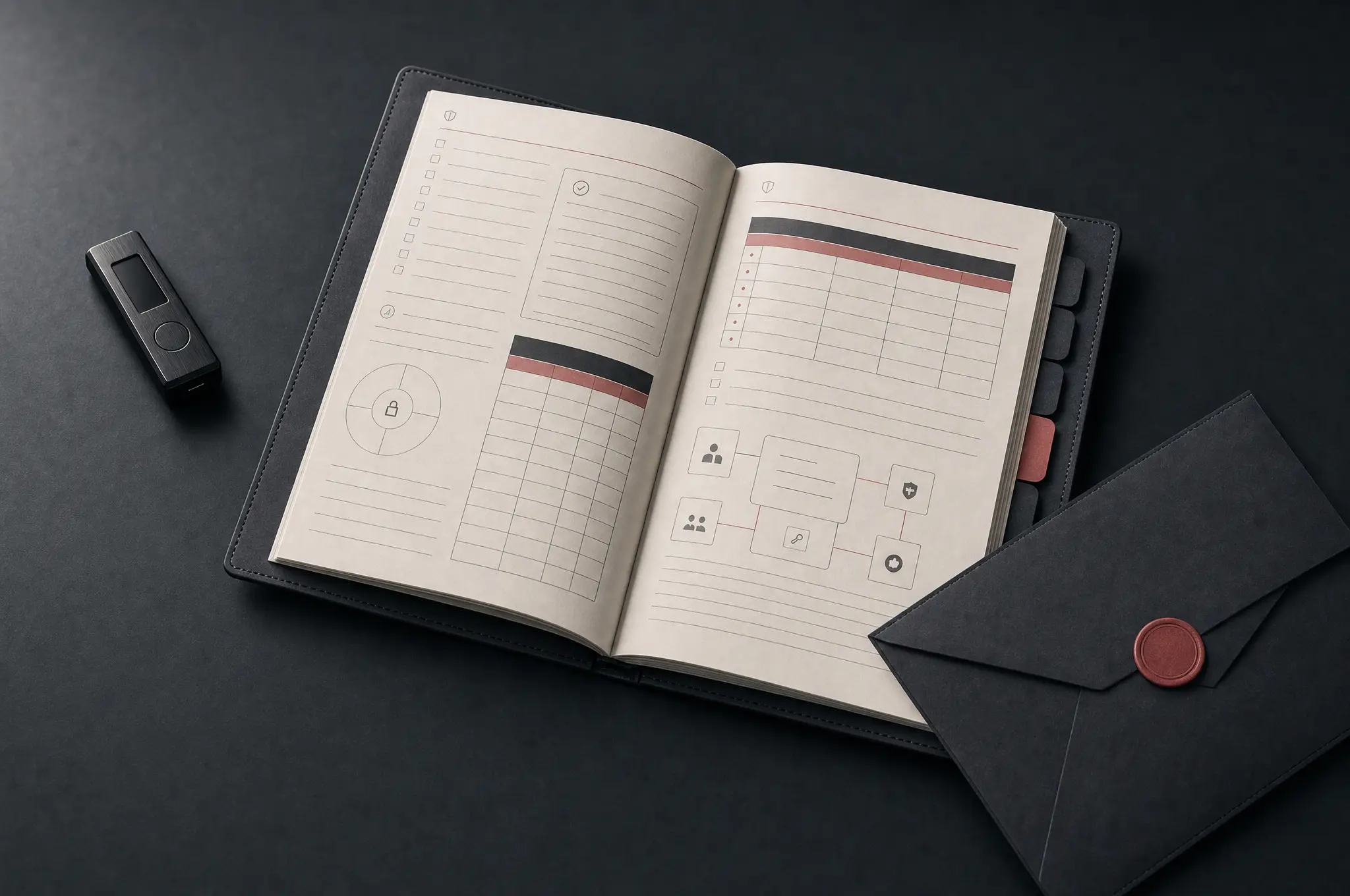 Open planning workbook beside a hardware wallet and sealed family envelope